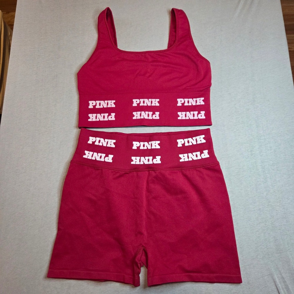 PINK Victorias Secret Seamless Workout Set Red Sports Bra and Shorts L